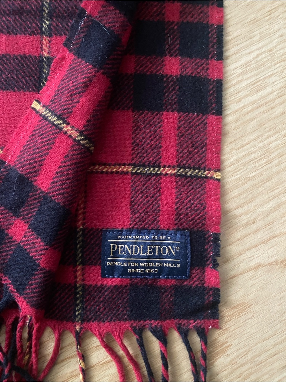 Pendleton Red, Black & Gold Plaid Wool Scarf